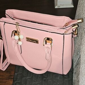 Pink Structured Satchel Handbag with Gold Accents